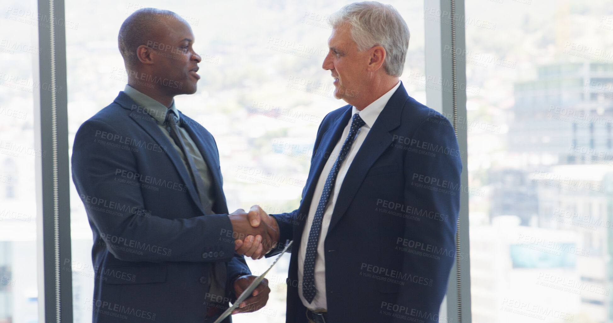 Buy stock photo Contract, handshake and welcome with business people in office for meeting, deal and thank you. Partnership, shaking hands and b2b with employees in agency for teamwork, support and opportunity