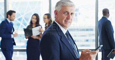 Buy stock photo Portrait, businessman and lawyer in office with phone, corporate career and legal aid to contact. Meeting, mature person and attorney with mobile for law firm, case email and smile for justice update