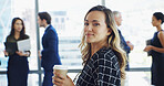 Coffee, businesswoman and portrait in office for about us, professional job or secretary with drink. Career, female person and receptionist with confidence for meeting, ambition and walking with tea
