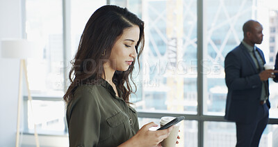 Buy stock photo Office, phone and business woman in lobby for social networking, email and online news. Professional, corporate and worker with coffee on smartphone for typing message, contact us and communication