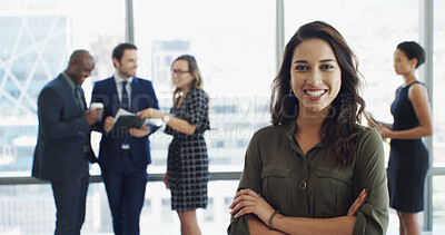 Buy stock photo Office, business and portrait of happy woman with crossed arms for confidence, pride and financial planner. Professional staff, corporate and person for about us in finance career, job or opportunity