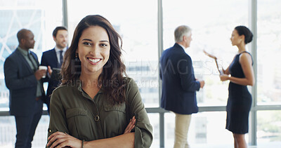 Buy stock photo Lobby, crossed arms and portrait of business woman in office with confidence, pride and ambition. Professional, corporate and person with staff for about us in finance career, job and opportunity