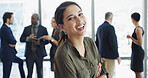 Office, businesswoman and portrait with arms crossed for laughing, professional career or secretary. Workplace, female person or assistant with confidence for meeting, ambition or about us with pride
