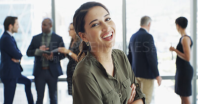 Buy stock photo Office, businesswoman and portrait with arms crossed for laughing, professional career or secretary. Workplace, female person or assistant with confidence for meeting, ambition or about us with pride