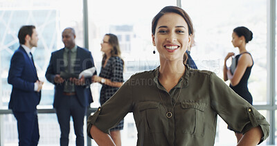 Buy stock photo Office, businesswoman and portrait with confidence for about us, professional career and secretary. Workplace, female person and assistant with happiness for meeting, ambition and smile with pride