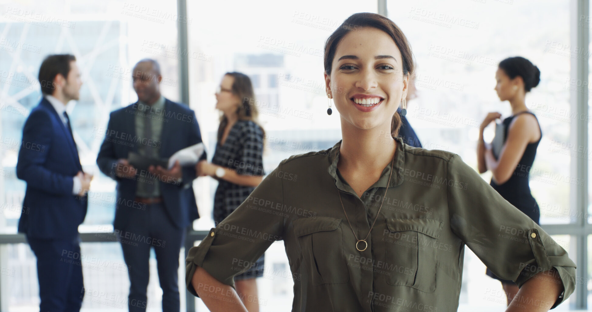 Buy stock photo Office, businesswoman and portrait with confidence for about us, professional career and secretary. Workplace, female person and assistant with happiness for meeting, ambition and smile with pride