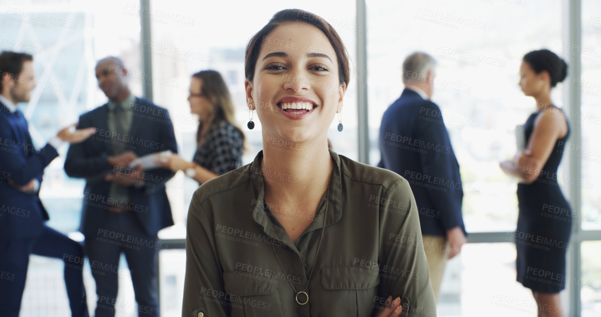 Buy stock photo Office, businesswoman and portrait with arms crossed for about us, professional career or secretary. Workplace, female person and assistant with confidence for meeting, ambition and smile with pride