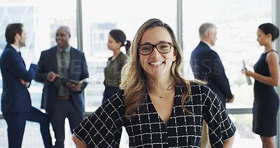 Buy stock photo Office, businesswoman and lawyer in portrait with smile, corporate career and legal aid with pride. Meeting, female person and attorney with confidence for about us, justice or court case at law firm