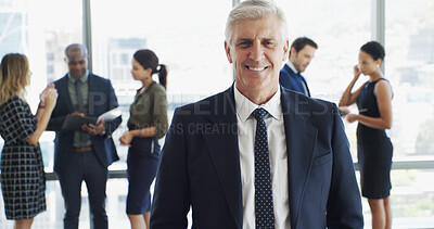 Buy stock photo Office, businessman and attorney in portrait with smile, corporate career or legal aid with pride. Consultant, mature lawyer or leader with confidence for about us, justice and court case at law firm