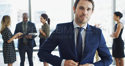Buy stock photo Portrait, businessman or attorney in office with legal aid, corporate career or ready with pride. Consultant, male lawyer or leadership with confidence for about us, justice or court case at law firm