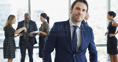 Buy stock photo Office, businessman and portrait with confidence for about us, professional career and lawyer. Workplace, male person or attorney with pride for meeting, ambition or legal aid for justice at law firm