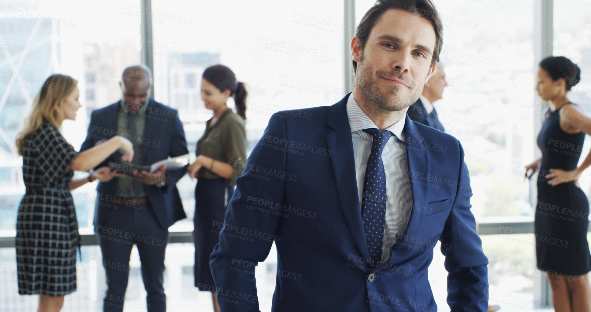 Buy stock photo Office, businessman and portrait with confidence for about us, professional career and lawyer. Workplace, male person or attorney with pride for meeting, ambition or legal aid for justice at law firm