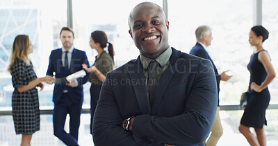 Buy stock photo Happy, crossed arms and portrait of businessman in lobby with confidence, pride and ambition. Professional, corporate office and person with staff for about us in finance career, job and opportunity