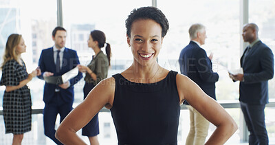 Buy stock photo Office, businesswoman and portrait with lawyer for about us, professional career and confidence. Workplace, female person and attorney with smile for meeting, ambition and case justice at law firm