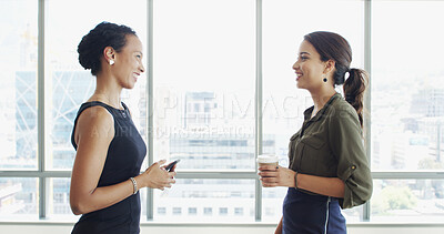 Buy stock photo Business people, smile and women in office, conversation or feedback for female empowerment project. Employees, cooperation or consultant in workplace, happiness or discussion with support or meeting