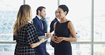Business, conference and people with networking in lobby for global expo, seminar feedback and chat. Convention, women and happy at workshop for career development, startup ideas or b2b collaboration