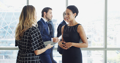 Buy stock photo Business, conference and people with networking in lobby for global expo, seminar feedback and chat. Convention, women and happy at workshop for career development, startup ideas or b2b collaboration