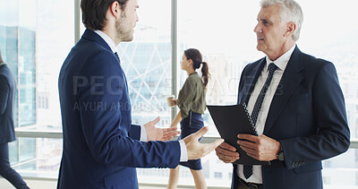 Buy stock photo Lobby, office and business men in discussion with report for feedback, review and planning. Professional, corporate and manager with man in meeting with documents for strategy, project and proposal