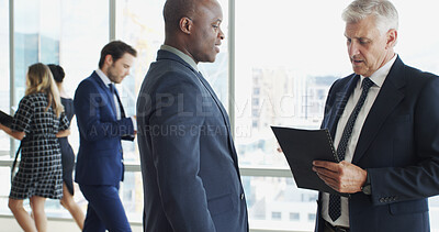 Buy stock photo Business, colleagues and men with document, meeting and ceo with financial report, team or proposal. Office, collaboration and people with file for stock market, reading and opportunity for investor