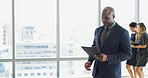 Business, man and reading file in office to review schedule, finance report and compliance folder. Person, document and financial budget of profit update, information and check proposal of investment