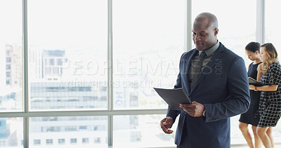 Buy stock photo Business, man and reading file in office to review schedule, finance report and compliance folder. Person, document and financial budget of profit update, information and check proposal of investment