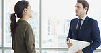 Business, people and talk in meeting in office for real estate, property view and expansion of city. Woman, male realtor and folder for commercial sale, planning and feedback for project development