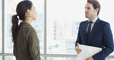 Buy stock photo Business, people and talk in meeting in office for real estate, property view and expansion of city. Woman, male realtor and folder for commercial sale, planning and feedback for project development