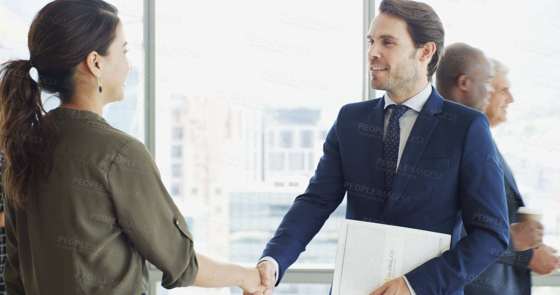 Buy stock photo Partnership, welcome and shaking hands with business people together with proposal for event. Greeting, man and woman with handshake for employee introduction to corporate seminar, office or workshop