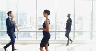 Buy stock photo Blur, window and walking with business people in lobby of office for corporate productivity. Busy, moving and work with professional employee group in convention center for development seminar