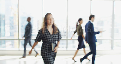 Buy stock photo Blur, walking and work with business people in lobby of office for corporate productivity. Busy, moving and window with professional employee group in convention center for development seminar