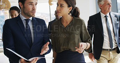 Buy stock photo Business, people and file with talking in office for case preparation, feedback and testimony. Law firm, lawyers and teamwork with paperwork for legal justice, lawsuit advice and strategy development