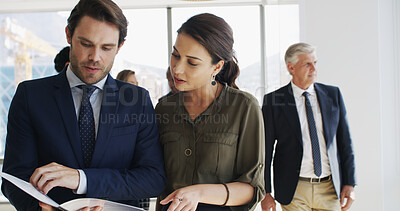 Buy stock photo Business, people and discussion with paperwork in office for court case, feedback and legal advice. Law firm, lawyers or teamwork with documents for lawsuit settlement, statement review and planning