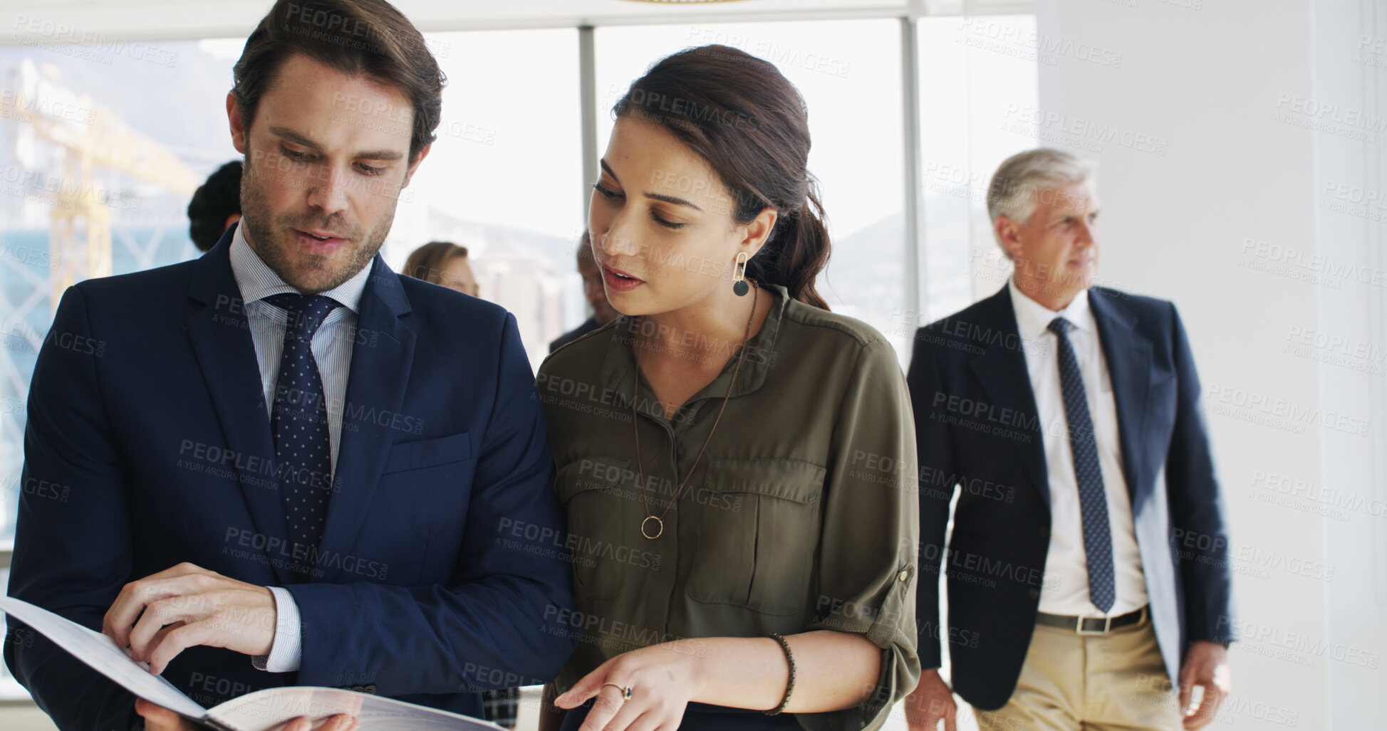 Buy stock photo Business, people and discussion with paperwork in office for court case, feedback and legal advice. Law firm, lawyers or teamwork with documents for lawsuit settlement, statement review and planning