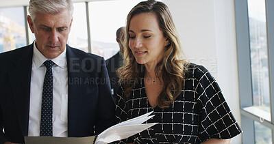 Buy stock photo Manager, people and reading document in office to review schedule, finance report and feedback. Team, folder and financial budget of profit growth, information and proposal update for investment deal