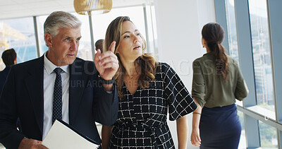 Buy stock photo Manager, woman and point in meeting in office for real estate, property view and expansion of city. Mature man, people and folder for commercial sale, planning and feedback for project development