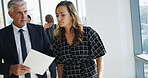 Manager, woman and reading folder in office to review schedule, finance report and feedback. Team, document and financial budget for profit growth, information and proposal update for investment deal