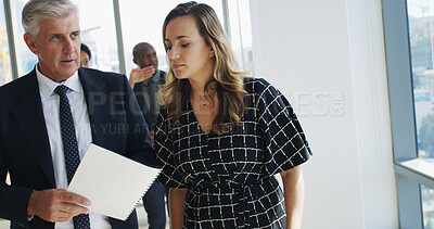Buy stock photo Manager, woman and reading folder in office to review agenda, proposal report and briefing. Staff, document and teamwork with information for schedule update, company pitch and project management