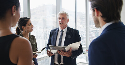 Buy stock photo Manager, speaker and business people in meeting in office for feedback, financial review and planning. Corporate, presentation and boss with workers with report for strategy, project and proposal