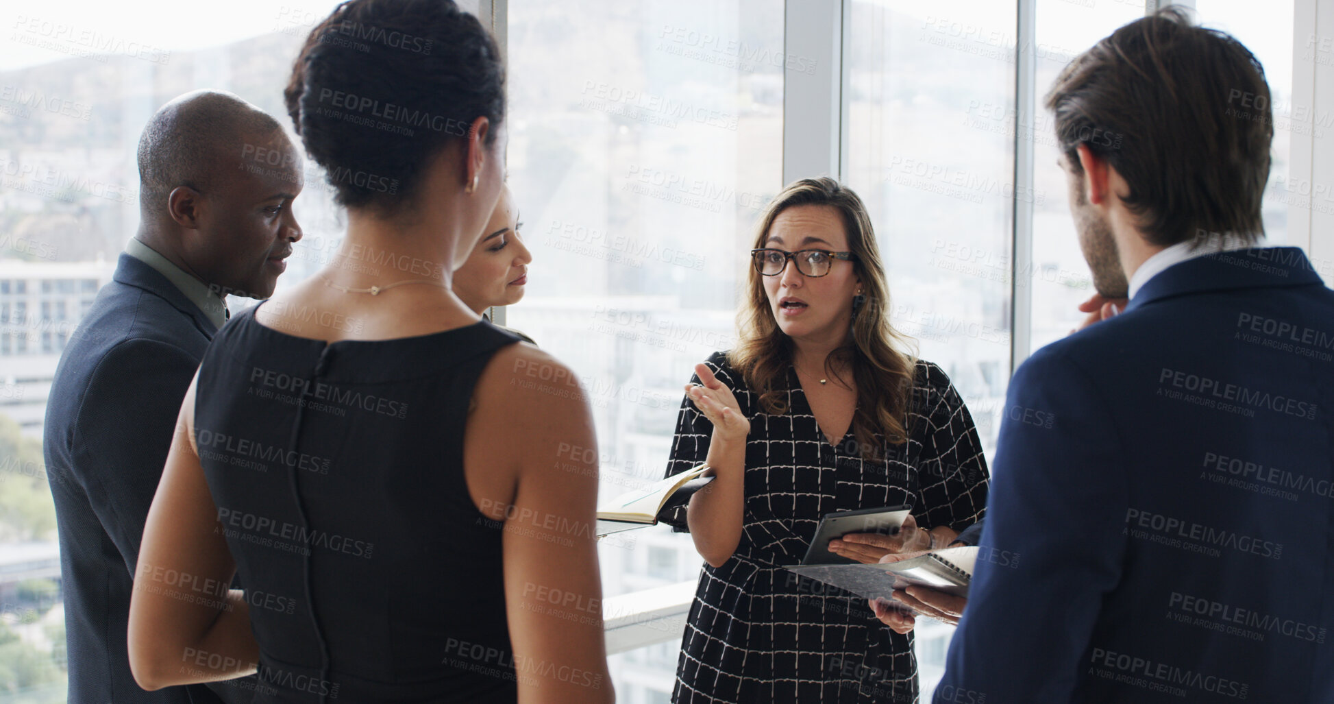 Buy stock photo Discussion, feedback and business people with manager in office for corporate budget briefing. Meeting, paperwork and team of financial advisors with mentor for investment planning in workplace.