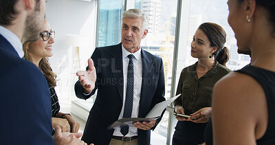 Buy stock photo Paperwork, man and business people in office, feedback and conversation for budget proposal. Employees, group and leader with discussion, support and report for tax audit, management and accounting