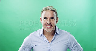 Buy stock photo Mature, portrait and happy businessman with positive attitude on a green studio background. Man, executive or model with smile in confidence for job opportunity or business career on mockup space