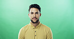 Smile, man and portrait of teacher in studio with confidence for career growth in education. Happy, mockup space and sports educator from brazil with pride for high school job by green background.