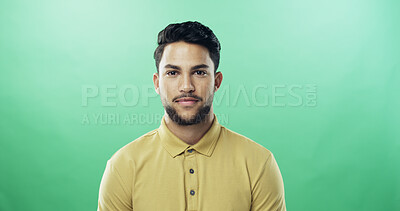 Buy stock photo Smile, man and portrait of teacher in studio with confidence for career growth in education. Happy, mockup space and sports educator from brazil with pride for high school job by green background.