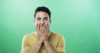 Buy stock photo Surprise, excited and portrait of man in studio with good news, announcement or amazing deal. Mockup space, shock and person with reaction for wow, happiness or omg expression by green background.