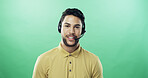 Man, headset and portrait for call center in studio with smile, mockup space or talk by green background. Person, agent or consultant with voip mic, contact us or happy for customer support in Mexico