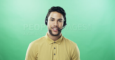Buy stock photo Man, headset and portrait for call center in studio with smile, mockup space or talk by green background. Person, agent or consultant with voip mic, contact us or happy for customer support in Mexico