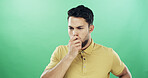 Thinking, stress and man in studio with doubt, question or problem solving for university solution. Unsure, mockup space and student with decision for college with brainstorming by green background.
