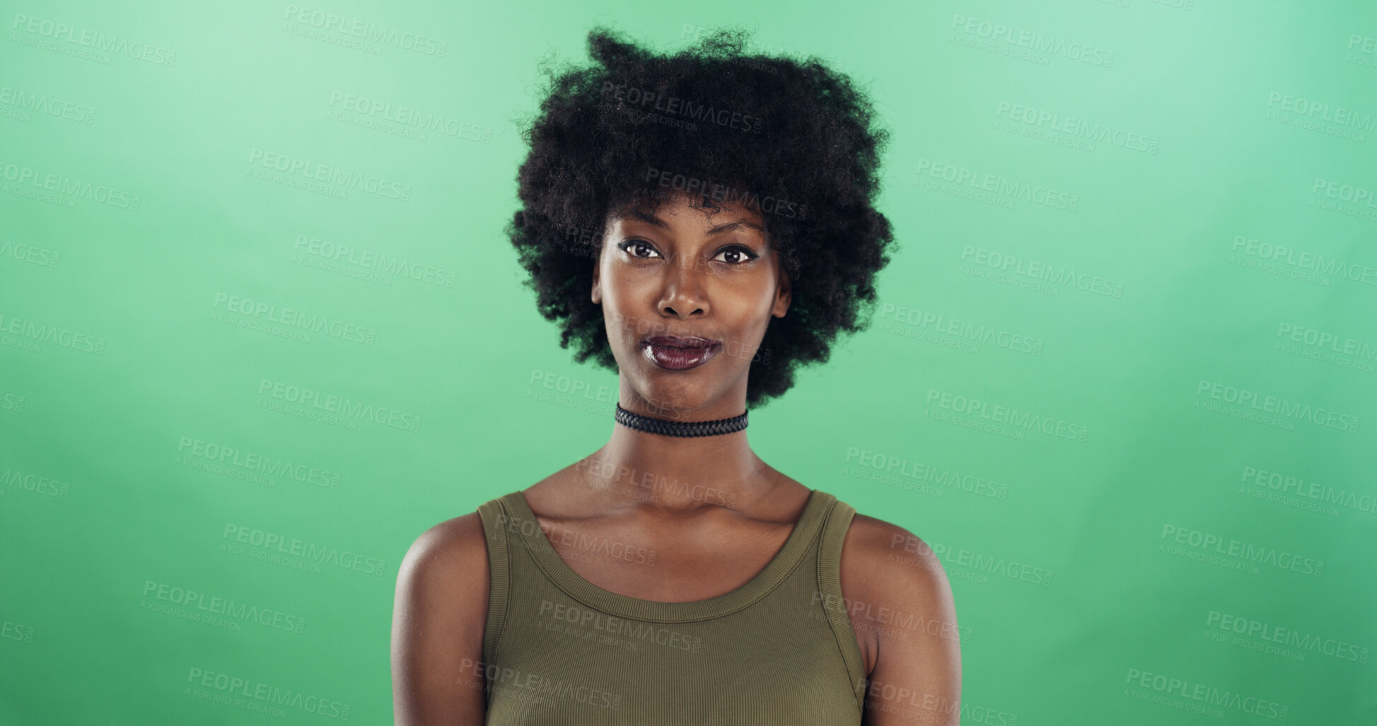 Buy stock photo Afro, creative and portrait with black woman in studio for career as confident fashion designer. Design, proud and style with African entrepreneur on green background for small business startup