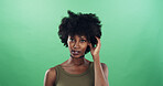 Black woman, portrait and afro with style in fashion on a green background for cosmetics in studio. Female person, face or African model with hairstyle for stylish makeup or beauty on mockup space