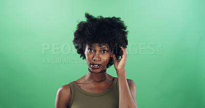 Buy stock photo Black woman, portrait and afro with style in fashion on a green background for cosmetics in studio. Female person, face or African model with hairstyle for stylish makeup or beauty on mockup space